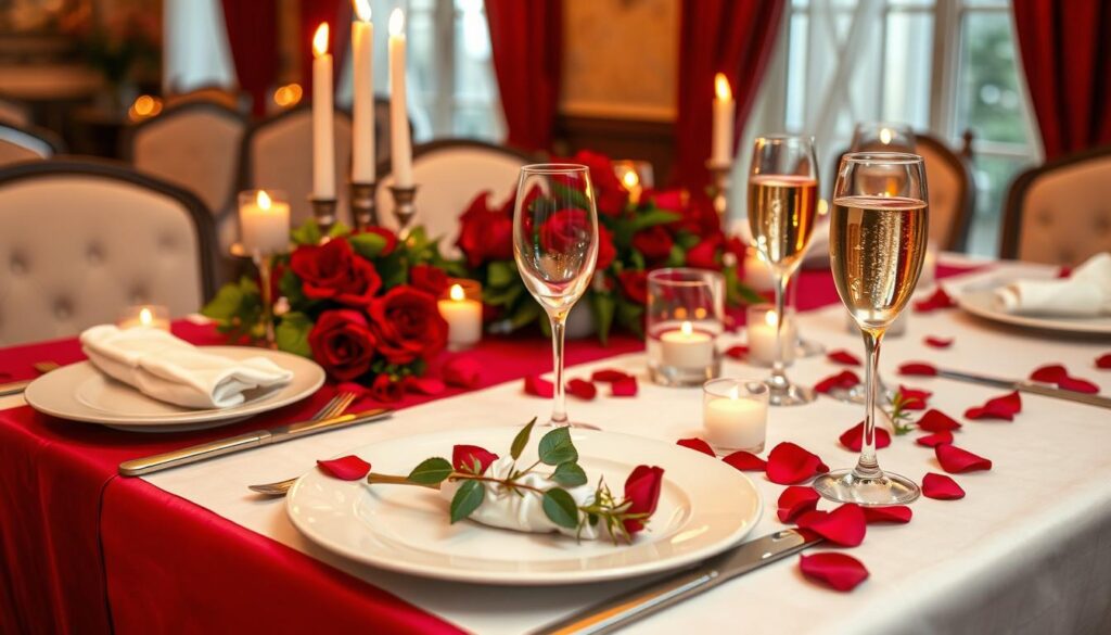 Festlich gedeckter Tisch mit rubinroter Dekoration für die Feier des 40. Hochzeitstags