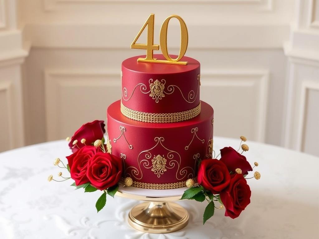 Festliche Jubiläumstorte in Rot und Gold zum 40. Hochzeitstag