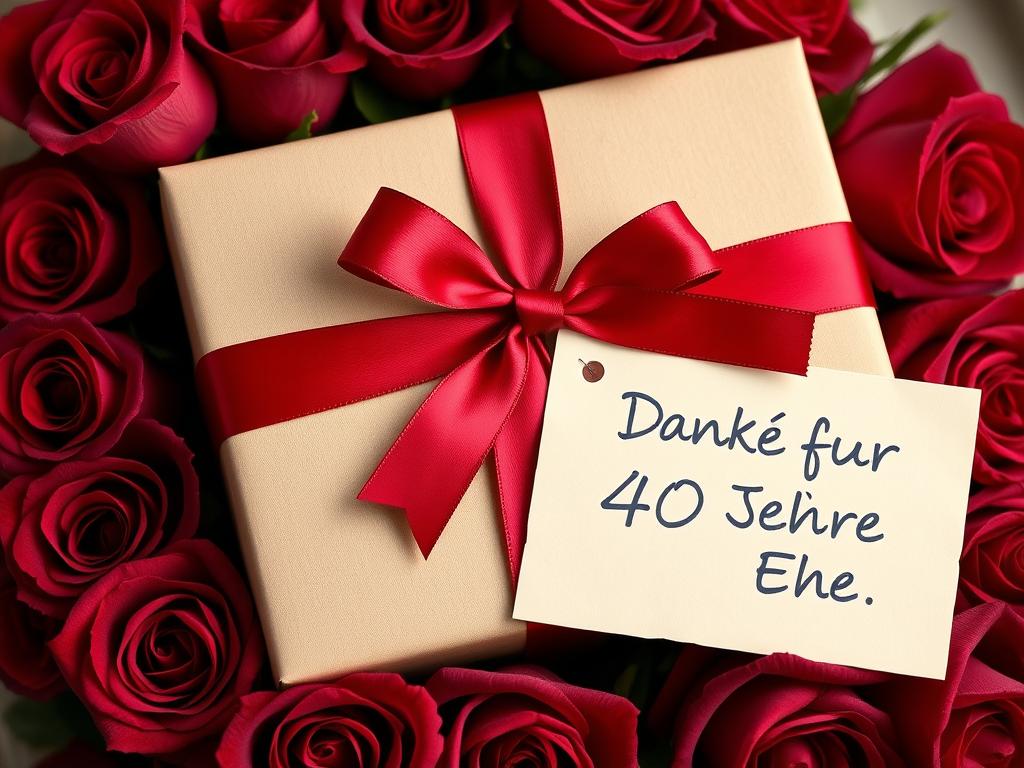 Geschenk mit rubinroter Schleife und Rosen zum 40. Hochzeitstag