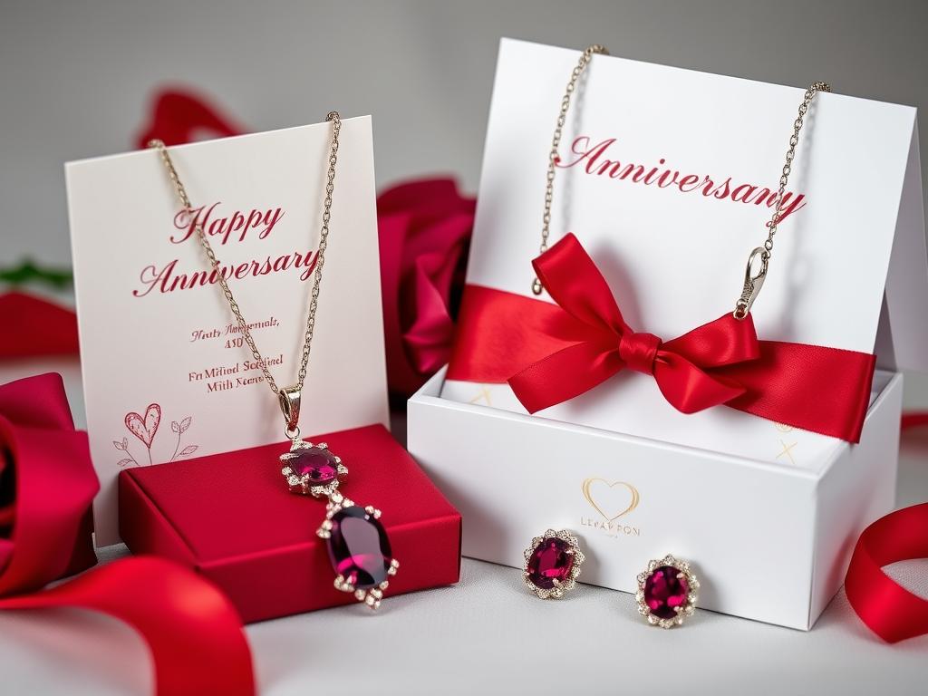 Rubinschmuck und eine Glückwunschkarte als Geschenk zur Rubinhochzeit Rubinschmuck und eine Glückwunschkarte als Geschenk zur Rubinhochzeit