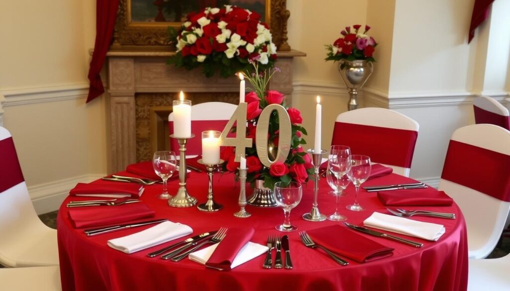 Tischdekoration in Rubinrot mit Kerzen und Blumen zum 40. Hochzeitstag