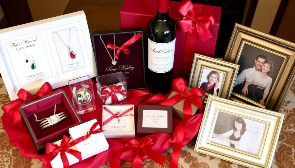 Verschiedene Geschenkideen zur Rubinhochzeit, darunter Schmuck, Wein und personalisierte Gegenstände