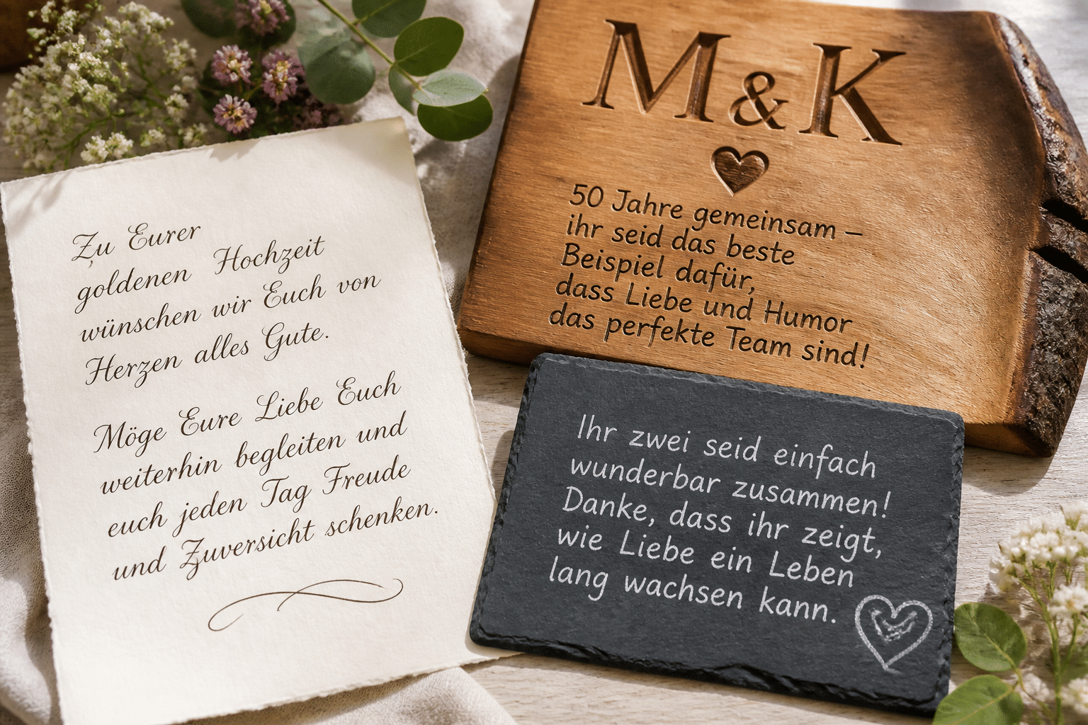 Glückwünsche zur Goldenen Hochzeit formulieren: Dein Guide 6 Verschiedene Schriftarten und Schreibstile auf unterschiedlichen Materialien, symbolisierend die vielfältigen Ausdrucksmöglichkeiten für Glückwünsche.
