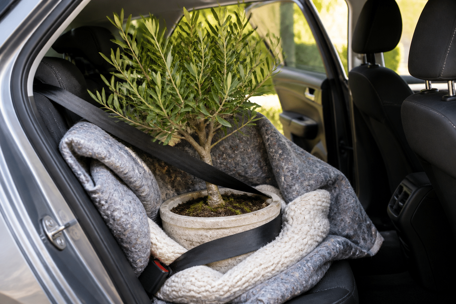 Pflanzen statt Plastik Hochzeitsgeschenke: Ein Baum im Topf sicher verpackt im Auto für den Transport als Hochzeitsgeschenk.