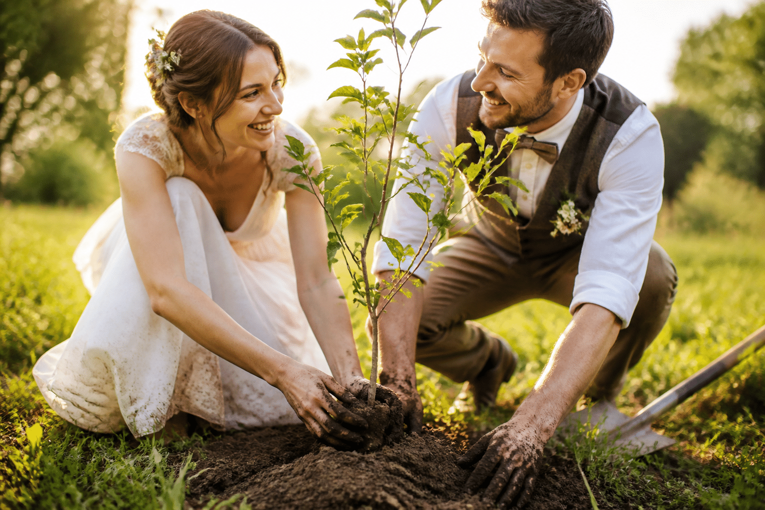 Nachhaltige Hochzeitsgeschenke: Freude & Planet retten 4 Ein glückliches Brautpaar pflanzt gemeinsam einen Baum als Symbol für ein nachhaltiges Hochzeitsgeschenk und ihre wachsende Liebe.
