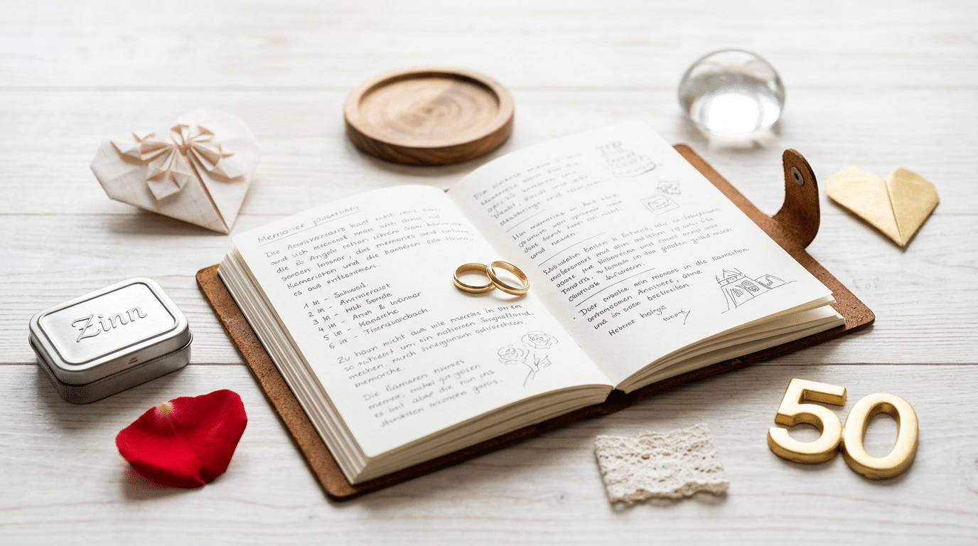 Bedeutung der Hochzeitstage symbolisiert durch Ringe, Holz und Papier auf einem Tisch