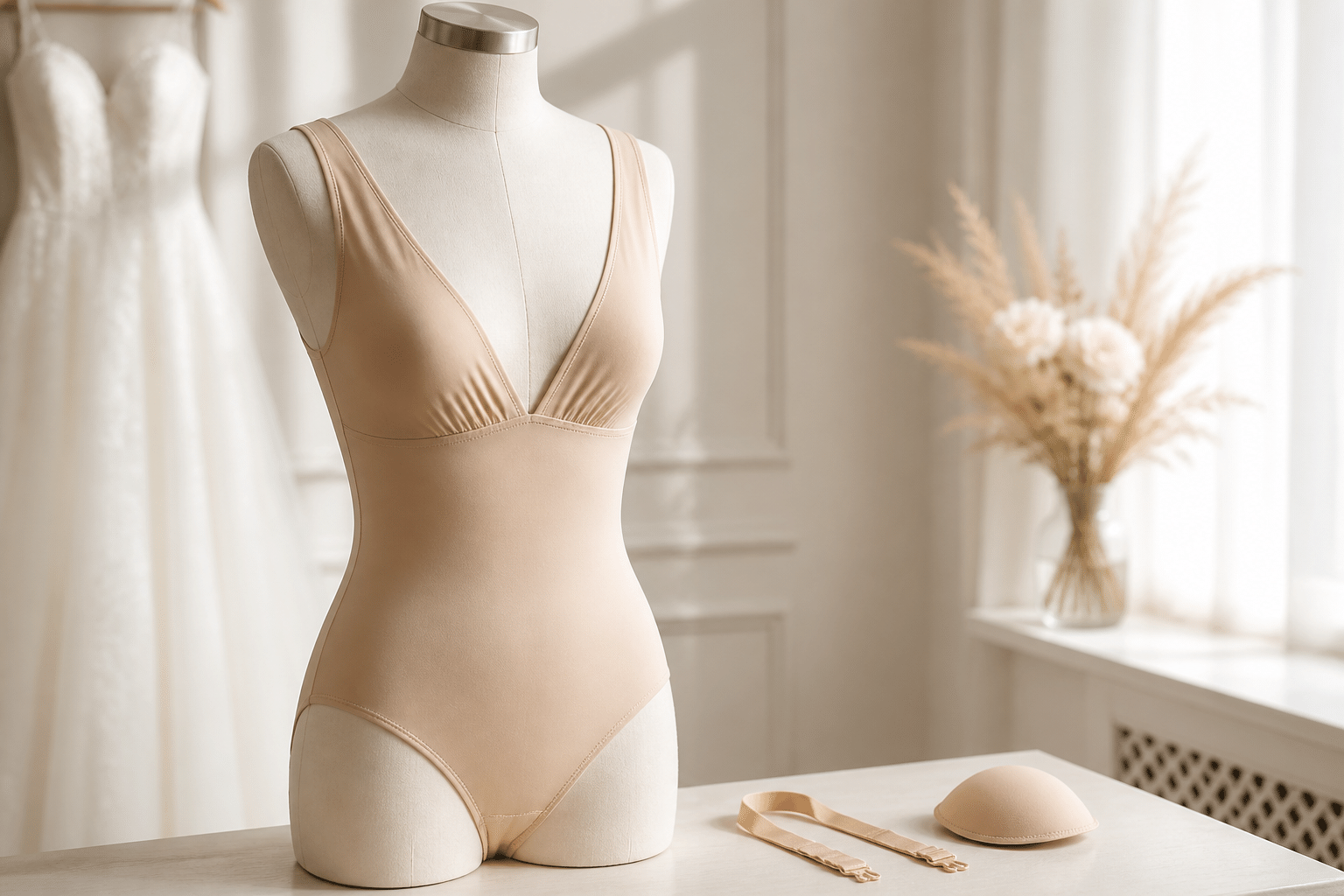 Shapewear unter Hochzeitskleid: Ein empfohlener Shapewear-Body, ideal für ein Brautkleid mit tiefem Ausschnitt, präsentiert mit seinen vielseitigen Anpassungsmöglichkeiten.