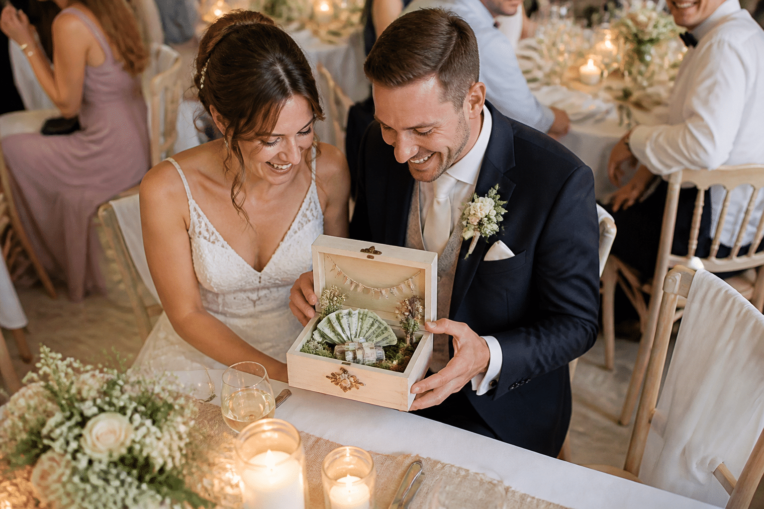 Geldgeschenke Hochzeit: 7 kreative Verpackungen für dich 7 Geldgeschenke stilvoll verpacken: Ein strahlendes Brautpaar hält ein liebevoll verpacktes Geldgeschenk in den Händen und freut sich über die kreative Geste.