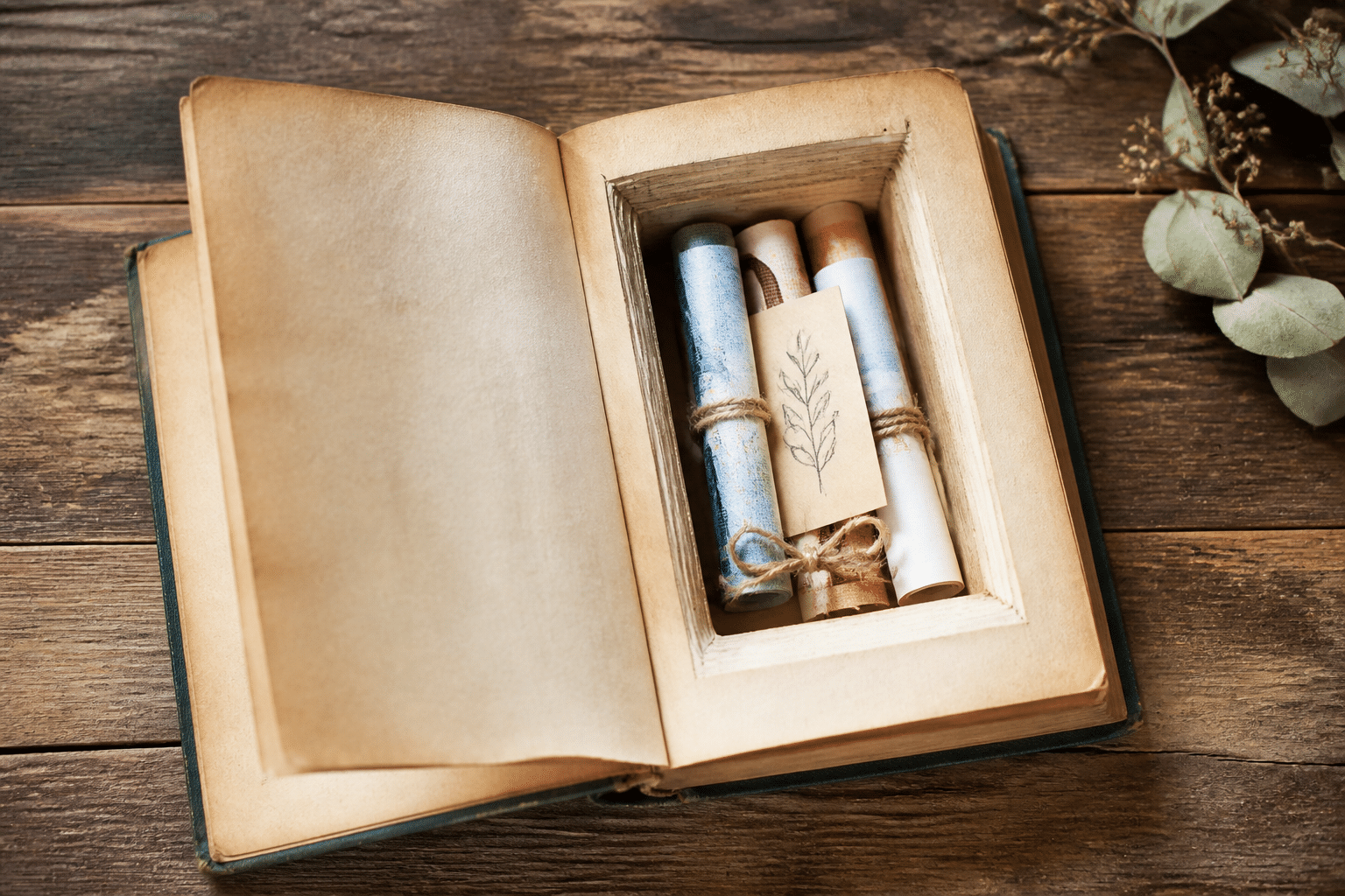 Last-Minute-Rettung: Edle DIY-Geldgeschenke in 15 Minuten 4 Gerollte Geldscheine und eine Notiz in einem ausgeschnittenen Fach eines alten Buches als kreatives Hochzeitsgeschenk.