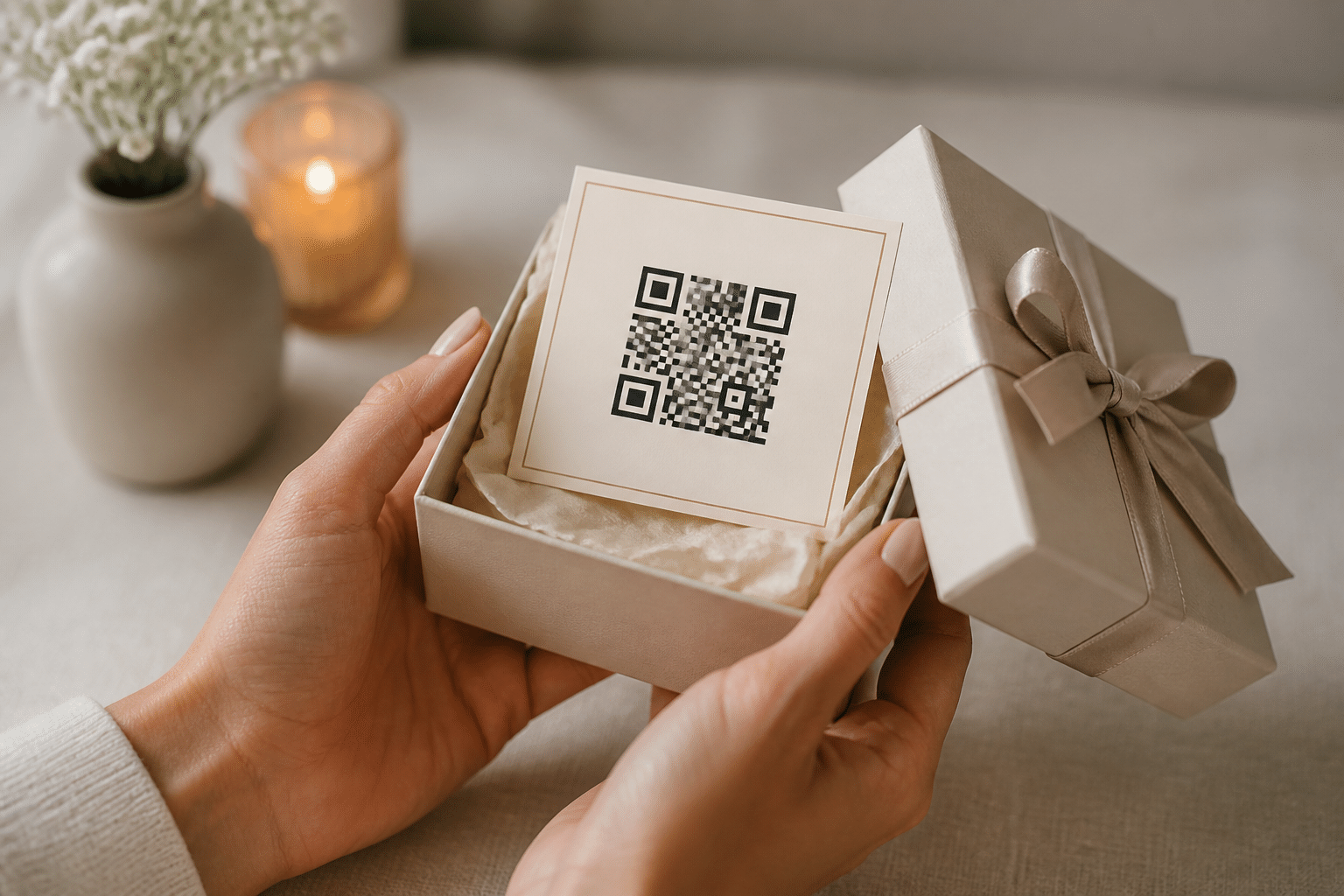 digitale Hochzeitsgeschenke Minimalisten: Hände präsentieren eine elegante Geschenkbox, aus der eine Karte mit einem QR-Code für digitale Hochzeitsgeschenke ragt