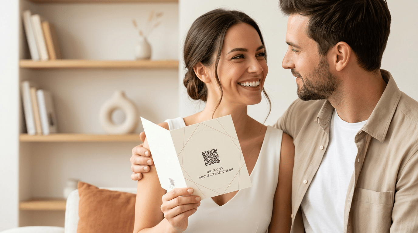 digitale Hochzeitsgeschenke Minimalisten: Ein glückliches, junges Paar hält eine elegante Karte mit einem QR-Code, Symbol für digitale Hochzeitsgeschenke für Minimalisten