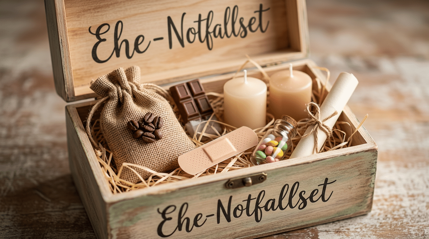 Notfallset Ehe basteln: Ein offen stehendes Ehe-Notfallset, liebevoll mit Kaffee, Schokolade und Kerzen gefüllt, bereit für jede Situation im Ehealltag.