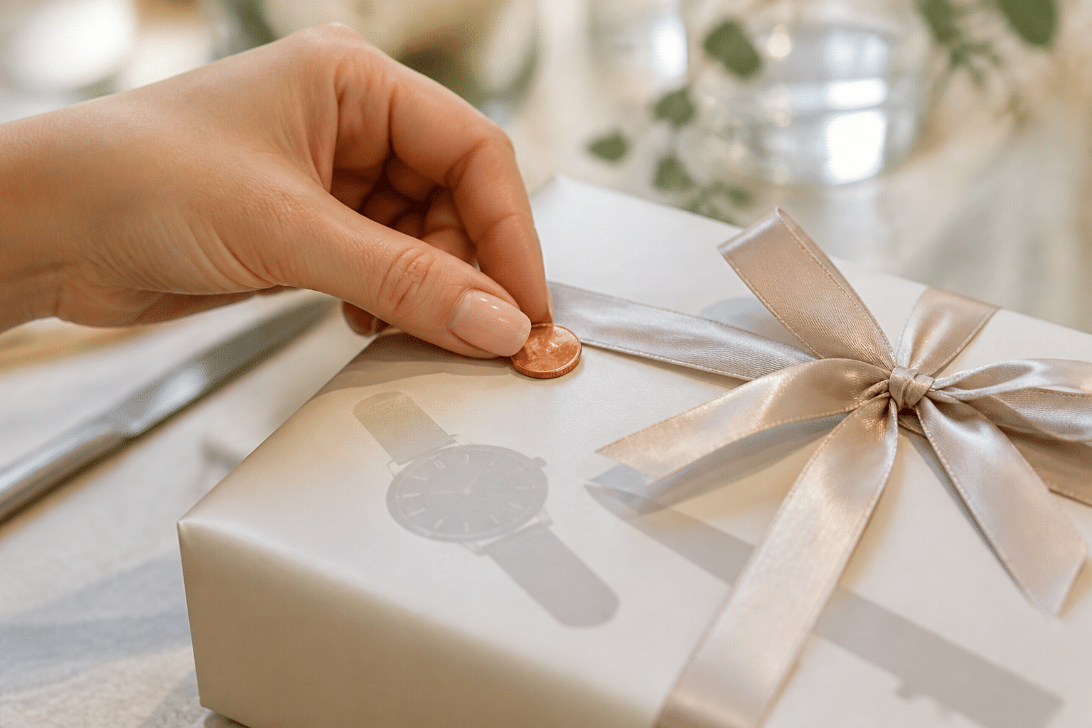 Eine Hand legt eine Ein-Cent-Münze auf ein Geschenk, das ein Messer oder eine Uhr enthält, als Anwendung des 'Ein-Cent-Tricks' für Hochzeitsgeschenke.