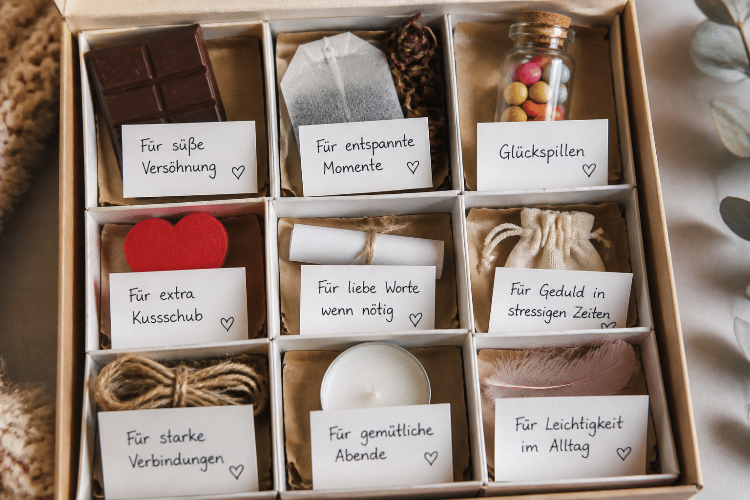 Notfallset Ehe basteln: Nahaufnahme von Inhalten eines 'Erste Hilfe Sets Hochzeit', inklusive Schokolade und Teebaumöl, mit liebevollen Etiketten.