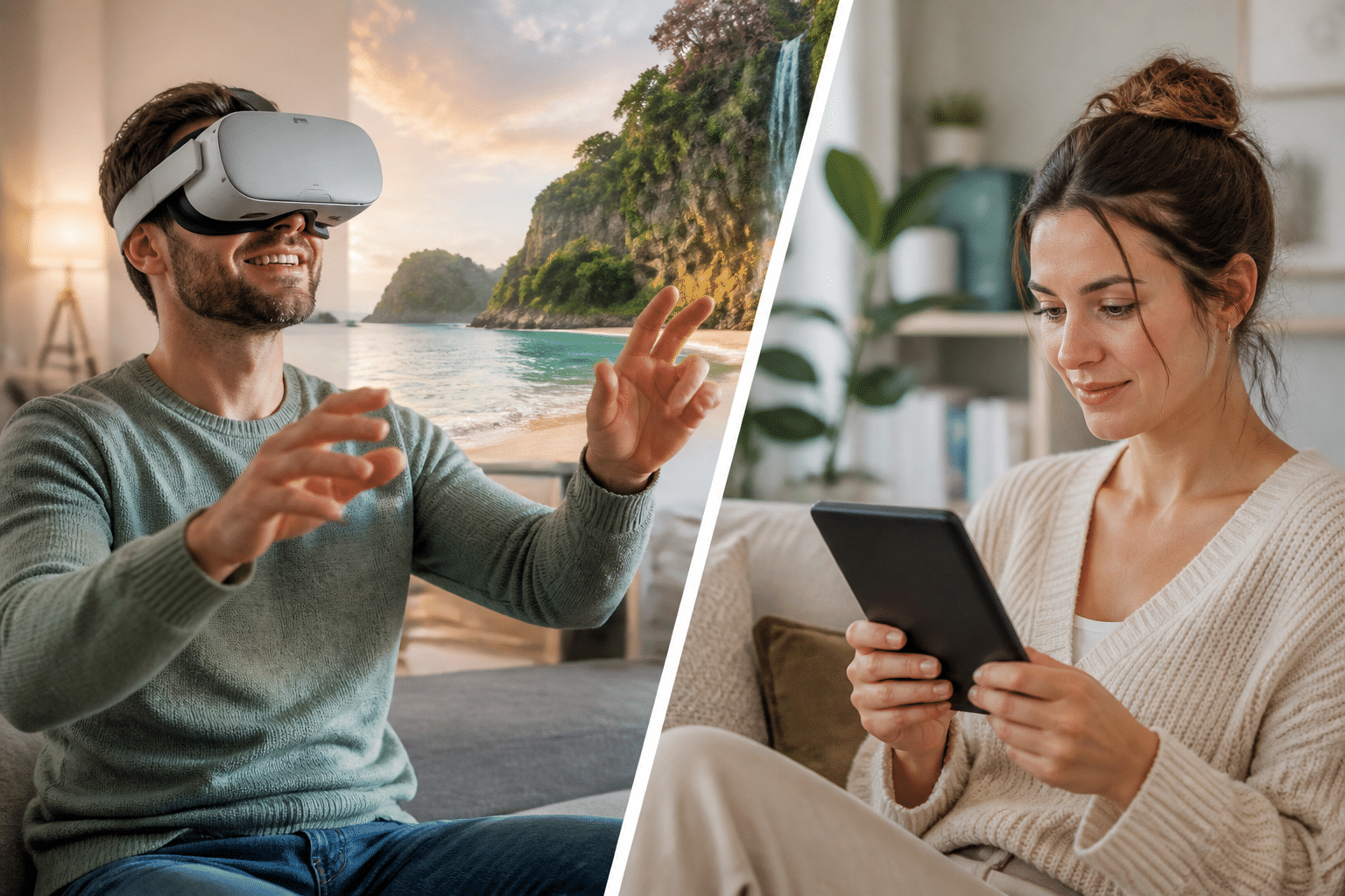 digitale Hochzeitsgeschenke Minimalisten: Ein Paar nutzt verschiedene digitale Abos: einer mit VR-Brille, der andere liest ein E-Book auf einem Reader