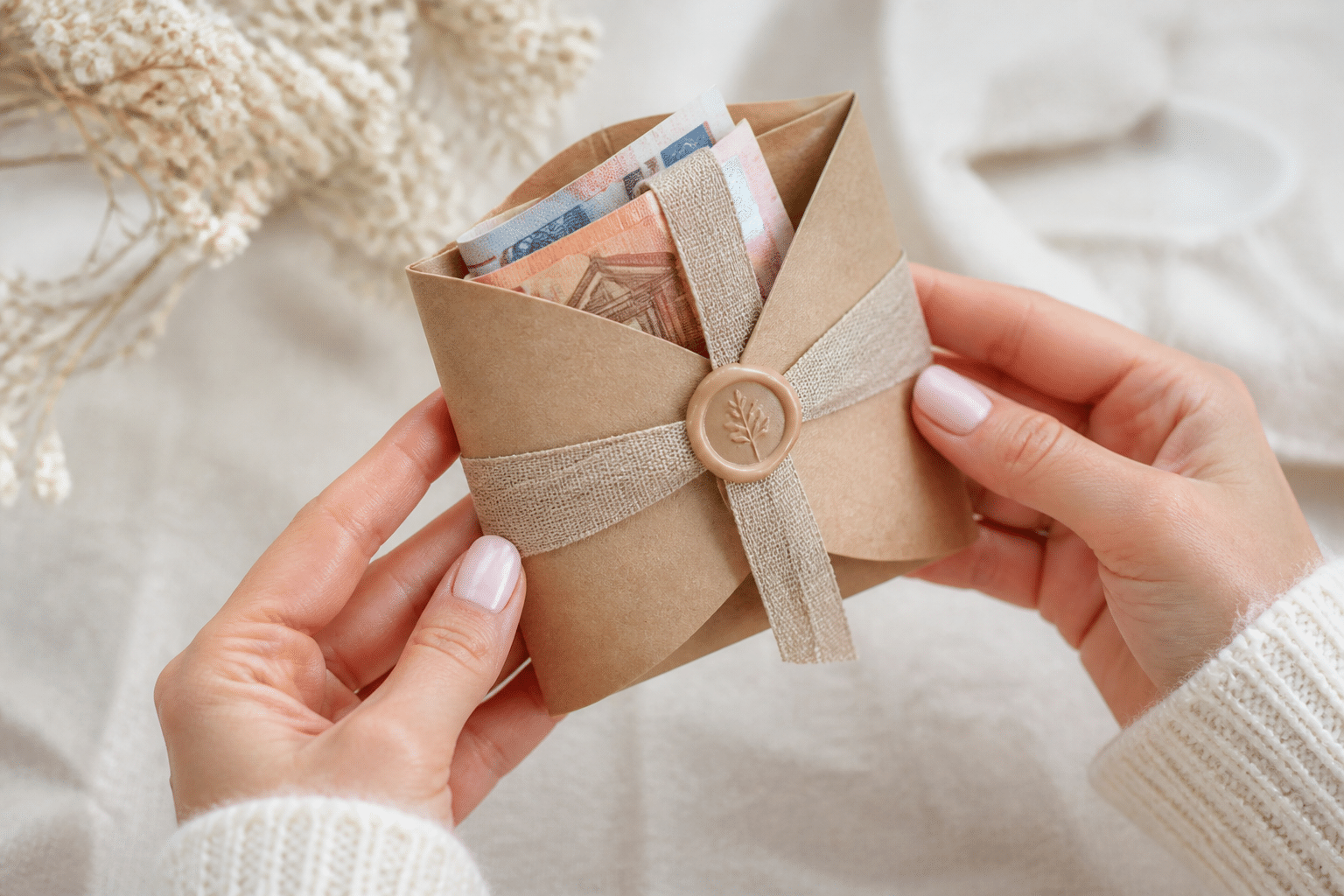Last-Minute-Rettung: Edle DIY-Geldgeschenke in 15 Minuten 5 Last-Minute-Rettung: Edle DIY-Geldgeschenke: Eine kunstvoll gefaltete Papiertüte, verziert mit einem Siegel, dient als minimalistische Verpackung für ein Hochzeits-Geldgeschenk.