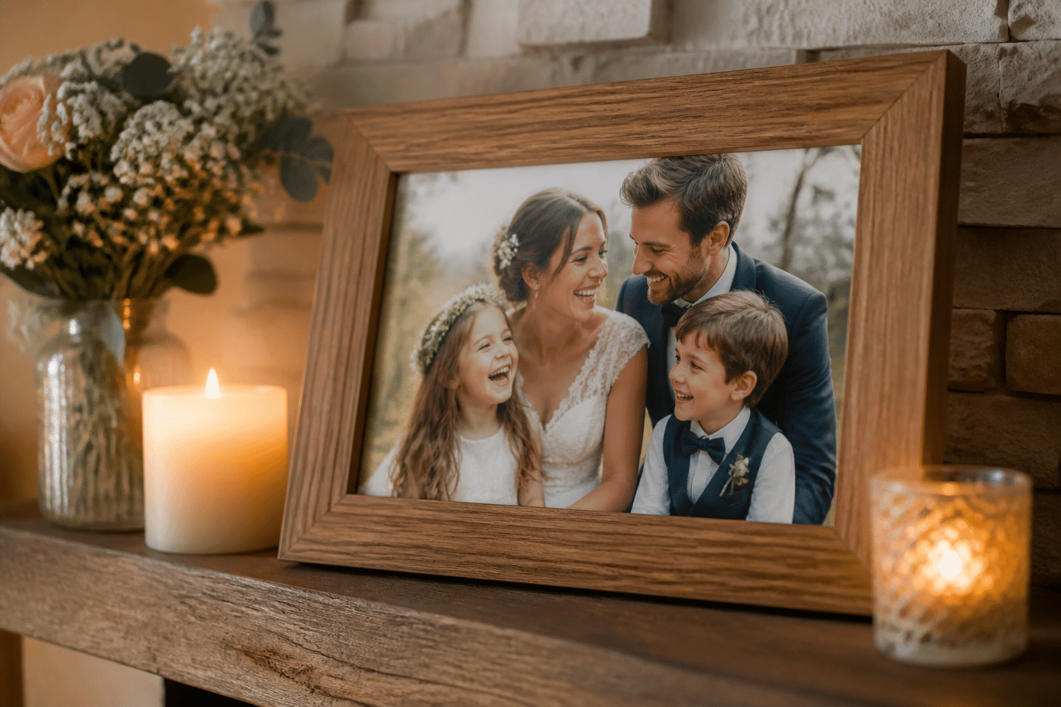 Ein gerahmtes Hochzeitsfoto eines Paares mit seinen lachenden Kindern steht auf einem Kaminsims und symbolisiert Familienglück.