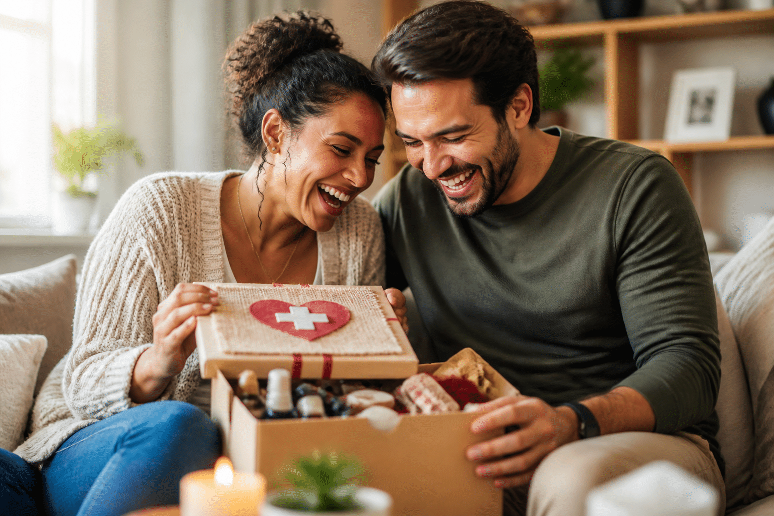 Ehe Notfallset basteln: Ein lachendes Brautpaar öffnet ein liebevoll verpacktes, humorvolles DIY-Geschenk auf ihrer Hochzeit.