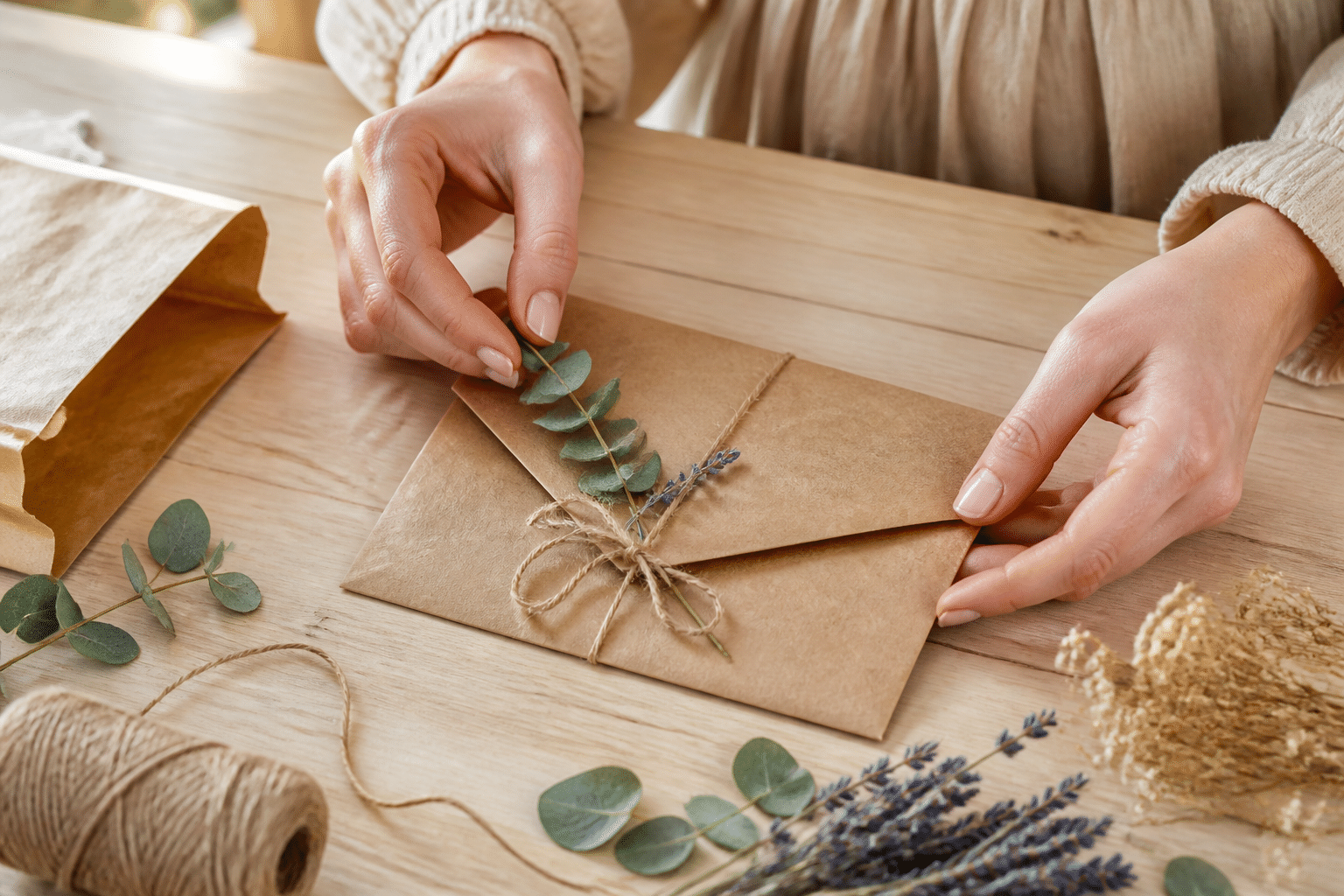 Last-Minute-Rettung: Edle DIY-Geldgeschenke in 15 Minuten 3 Last-Minute-Rettung: Edle DIY-Geldgeschenke: Hände basteln ein elegantes Geldgeschenk-Kuvert aus einer Kaffeetüte mit botanischer Dekoration.