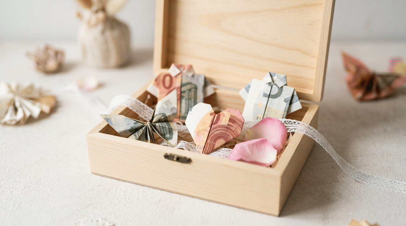 Geldgeschenke Hochzeit: 7 kreative Verpackungen für dich 2 Geldgeschenke stilvoll verpacken: Ein offenes Holzschatulle mit kunstvoll gefalteten Geldscheinen, verziert mit Spitze und einem Rosenblatt, auf einem hellen Hintergrund.