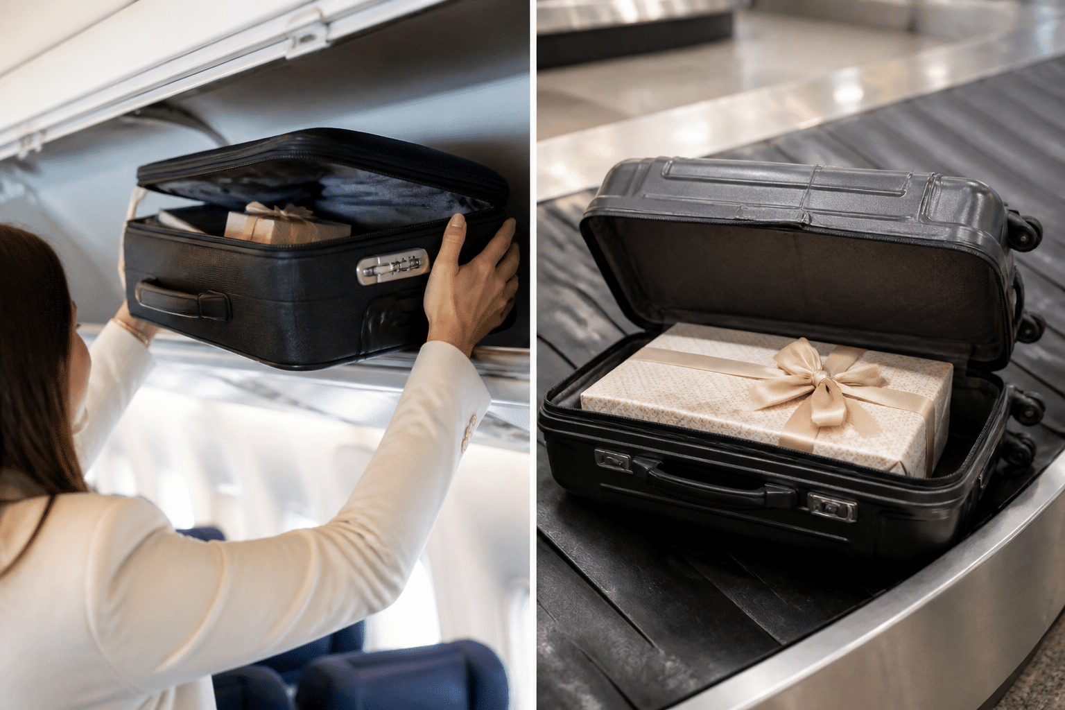 Hochzeitsgeschenk Destination Wedding: Sicher im Flugzeug 4 Zwei Bilder nebeneinander: Links ein Handgepäckkoffer im Flugzeug, rechts ein Aufgabegepäckstück auf dem Gepäckband, beide mit einem Geschenk.