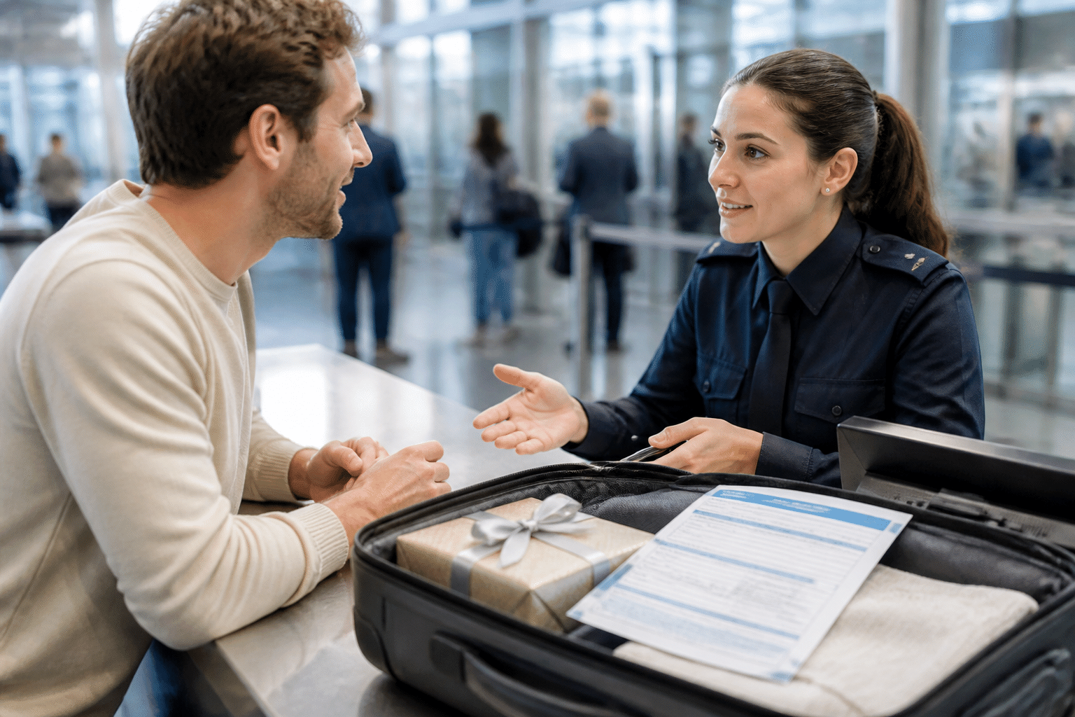 Hochzeitsgeschenk Destination Wedding: Sicher im Flugzeug 5 Hochzeitsgeschenk im Flugzeug transportieren: Ein Reisender erklärt einem freundlichen Zollbeamten ein gut verpacktes Hochzeitsgeschenk in seinem geöffneten Koffer, mit ausgefüllter Zollerklärung.