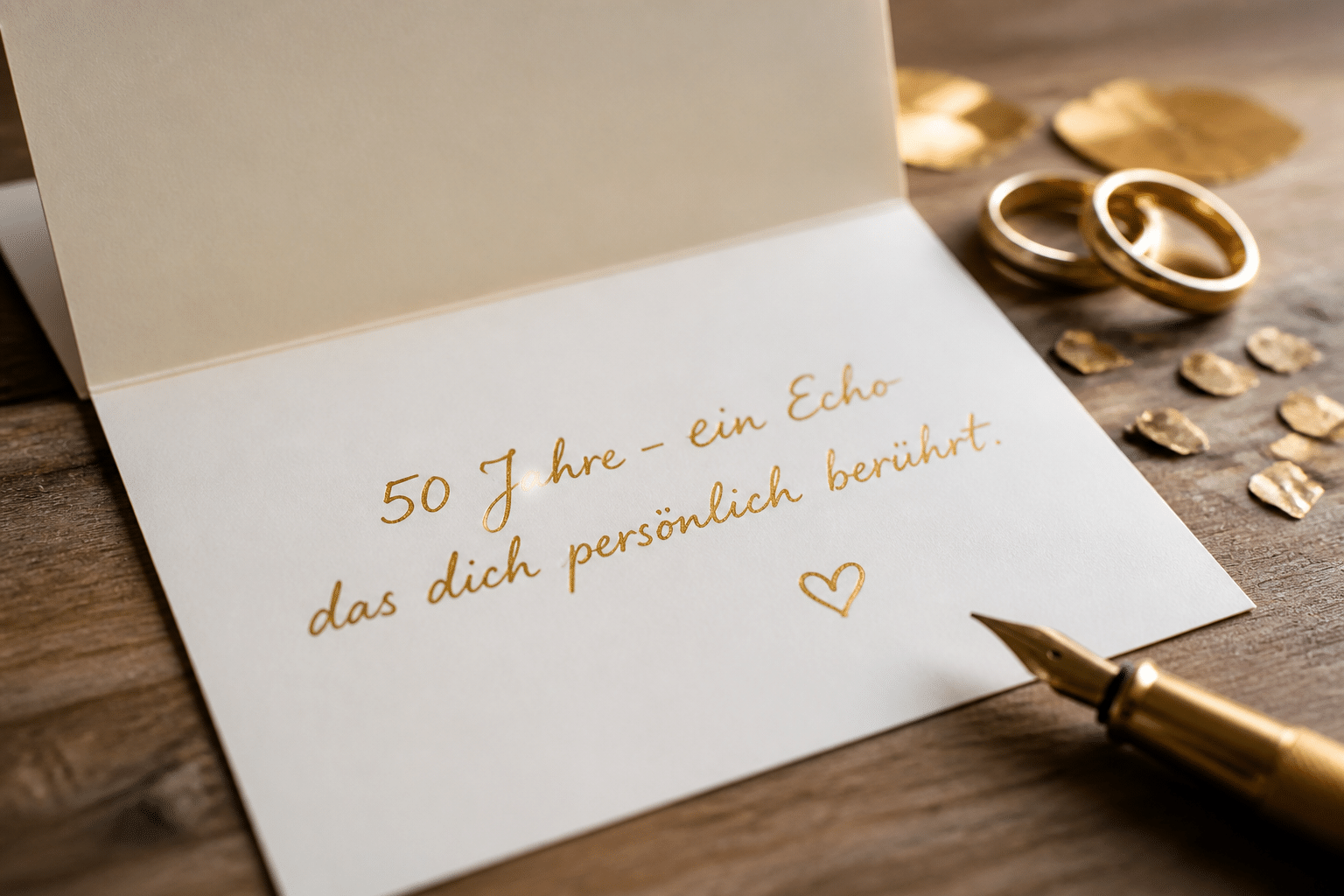 Glückwünsche zur Goldenen Hochzeit formulieren: Dein Guide 3 glueckwuensche zur goldenen hochzeit formulieren: Eine offen liegende Glückwunschkarte mit handschriftlichen Worten und goldenen Akzenten für eine Goldene Hochzeit.