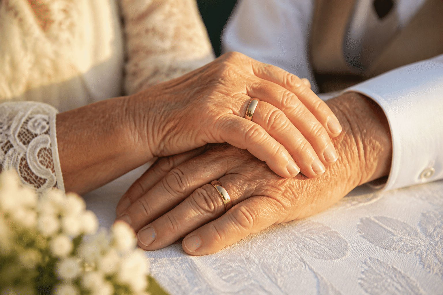 Hände eines älteren Paares mit Eheringen zur Goldenen Hochzeit
