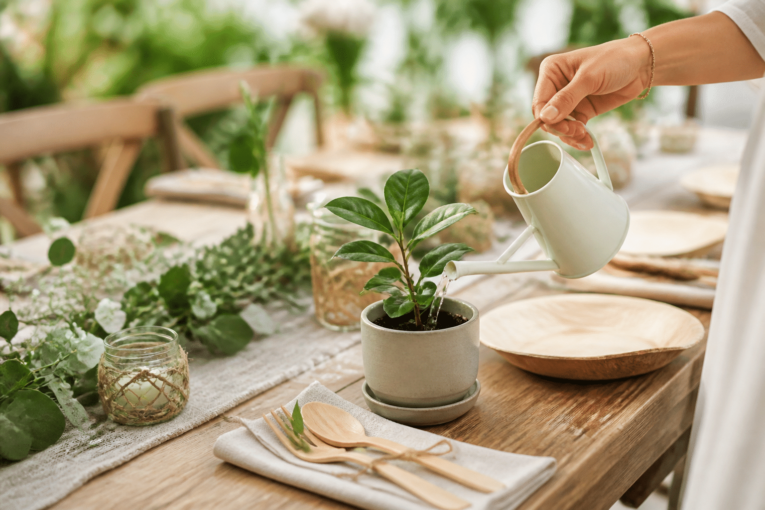 Pflanzen statt Plastik Hochzeitsgeschenke: Eine Hand gießt eine Pflanze auf einem Tisch mit Green Wedding Dekoration.