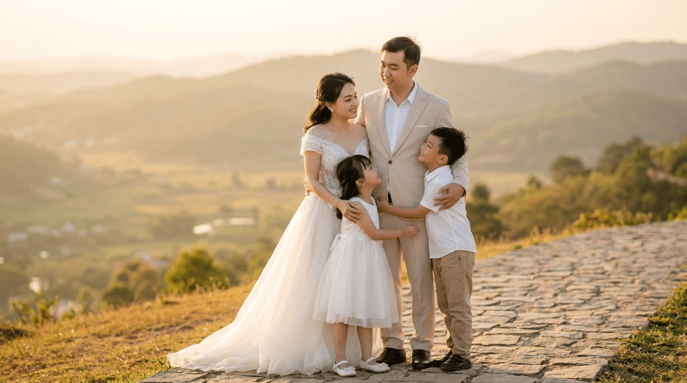 hochzeit glueckwuensche nach langer beziehung mit kindern: Ein glückliches Paar mit seinen beiden Kindern in eleganter Hochzeitskleidung bei Sonnenuntergang, symbolisiert 'Hochzeit Glückwünsche nach langer Beziehung mit