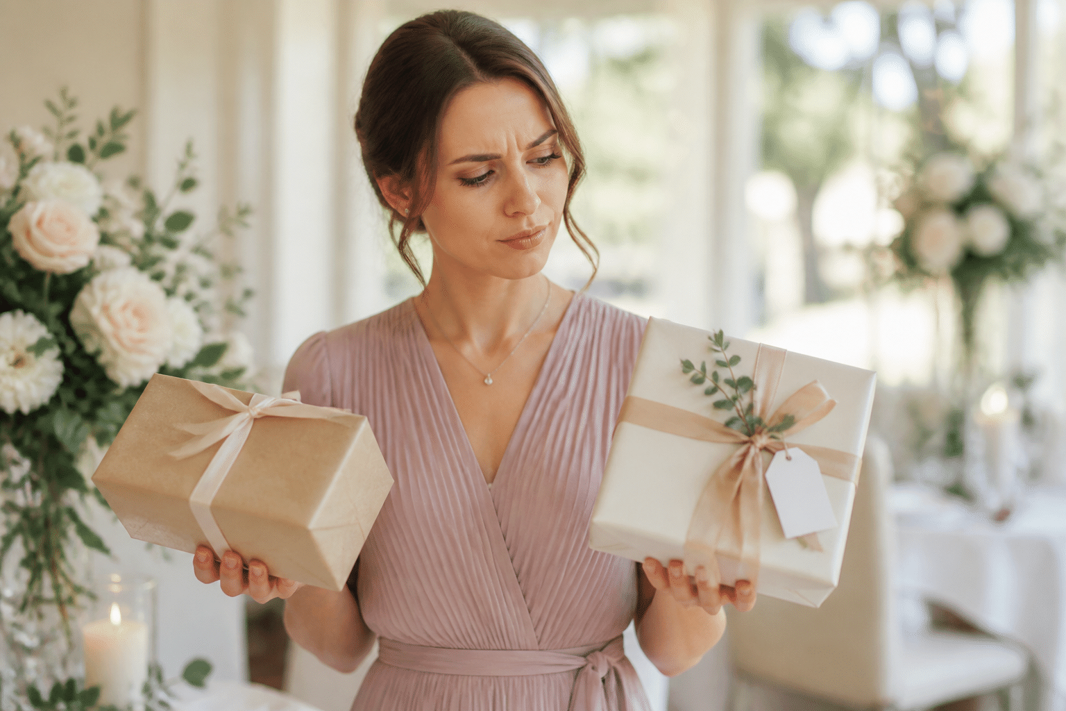 Edle Hochzeitsgeschenke personalisiert: Kein Kitsch, nur Stil 6 Eine junge Hochzeitsgast-Frau schaut nachdenklich auf zwei verpackte Geschenke, die typische Einwände gegen personalisierte Hochzeitsgeschenke repräsentieren.