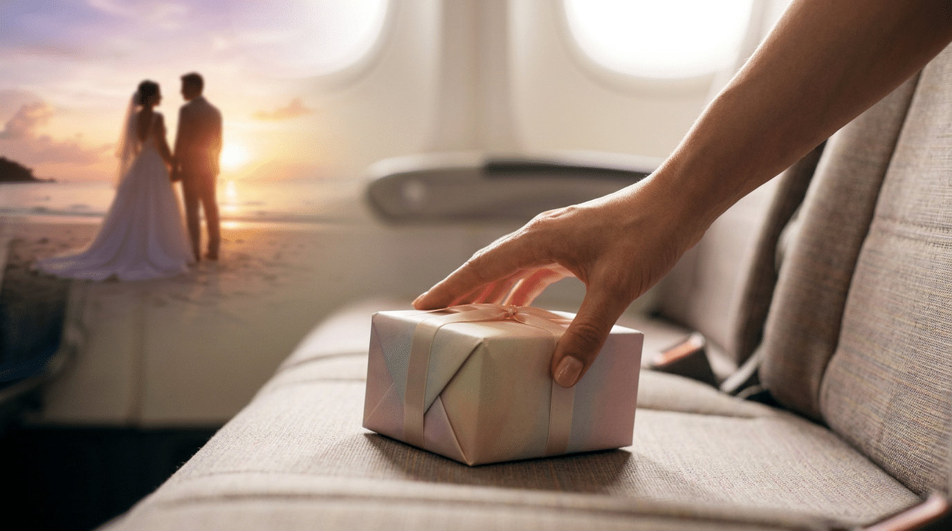Hochzeitsgeschenk Destination Wedding: Sicher im Flugzeug 2 Hochzeitsgeschenk im Flugzeug transportieren: Eine Hand legt ein elegant verpacktes Hochzeitsgeschenk auf einem Flugzeugsitz ab, bereit für den Transport zur Destination Wedding.