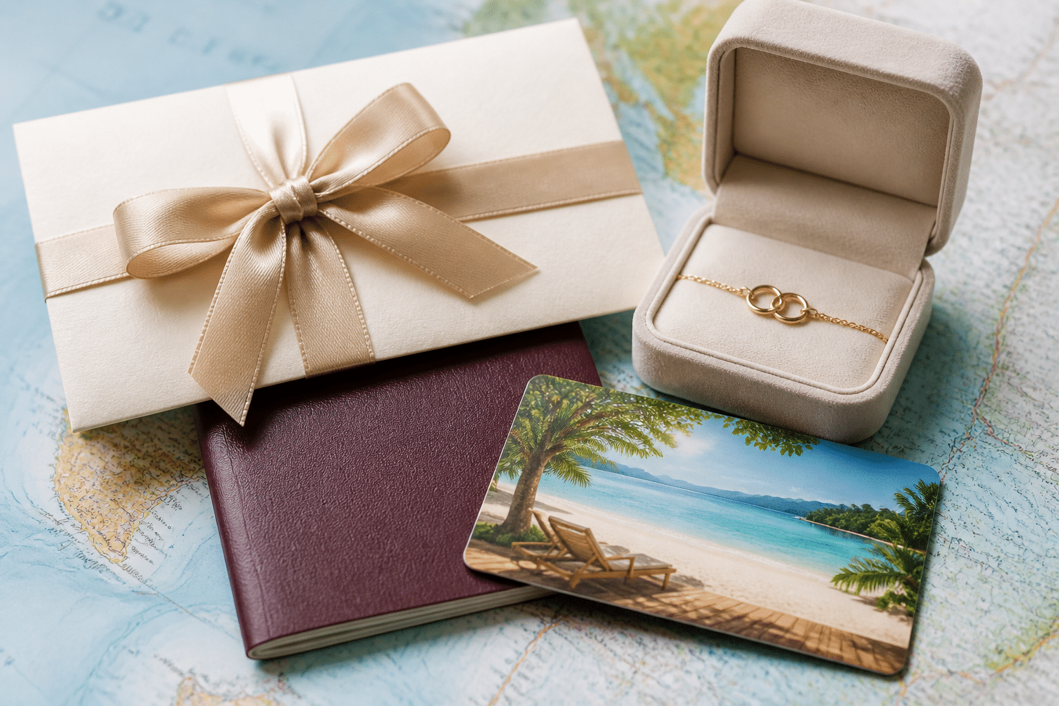 Hochzeitsgeschenk Destination Wedding: Sicher im Flugzeug 6 Collage aus drei kleinen, eleganten Hochzeitsgeschenken: Gutschein, Schmuckschatulle und Reisegutschein, auf einem Reisepass arrangiert.