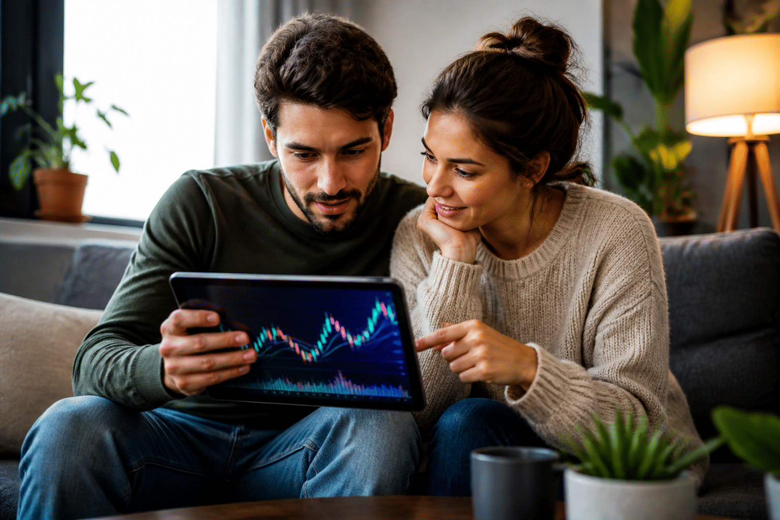 Ein Paar studiert aufmerksam Krypto-Charts auf einem Tablet, symbolisch für ein Krypto-Wallet als Hochzeitsgeschenk