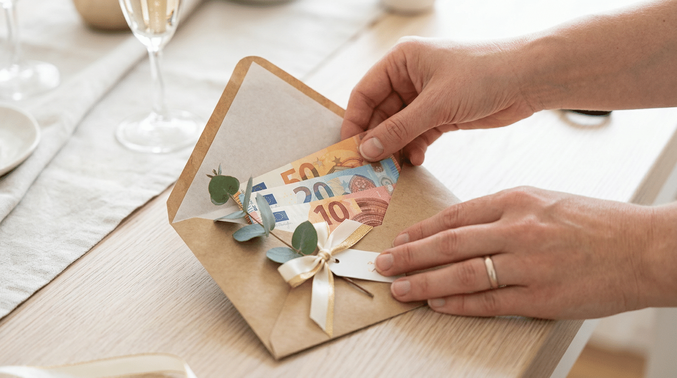 Last-Minute-Rettung: Edle DIY-Geldgeschenke in 15 Minuten 2 Last-Minute-Rettung: Edle DIY-Geldgeschenke: Eine stilvolle DIY-Verpackung für ein Last-Minute-Geldgeschenk zur Hochzeit, zeigt gefaltete Scheine und florale Dekoration.