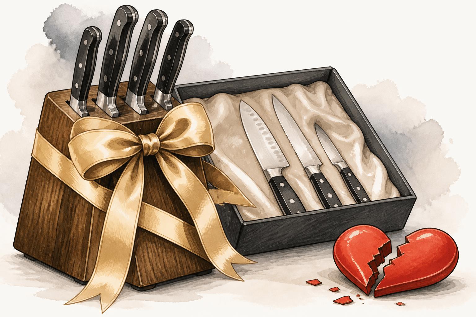 Eine stilvolle Illustration zeigt ein Messer-Set und ein zerbrochenes Herz, um den Mythos des Unglück bringenden Hochzeitsgeschenks zu symbolisieren.