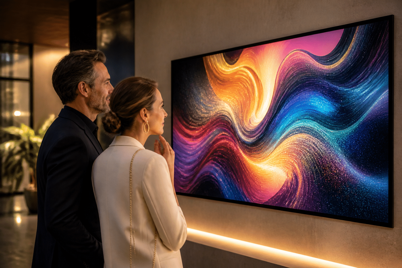 Ein Paar bewundert ein abstraktes, leuchtendes NFT-Kunstwerk auf einem großen Bildschirm in einem modernen Raum