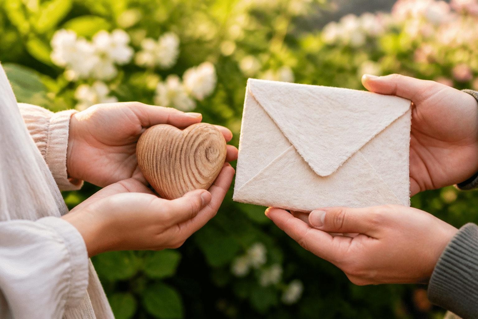Hände halten ein Holzherz und Papier als Symbole früher Hochzeitsjubiläen