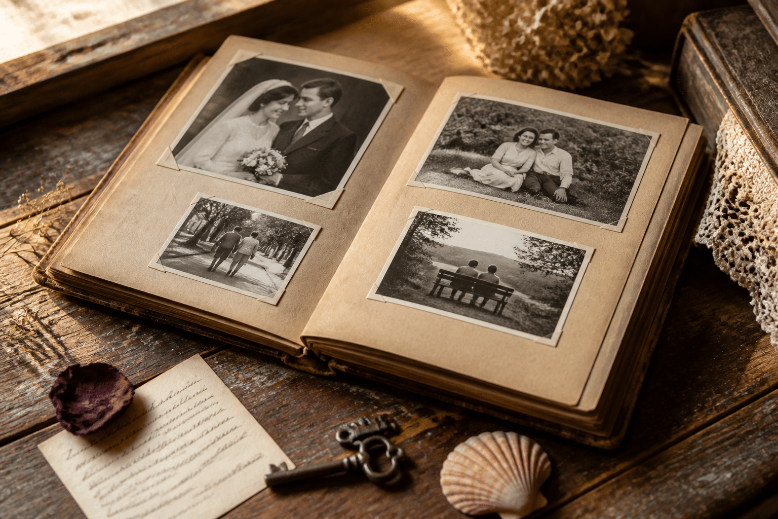 Glückwünsche zur Goldenen Hochzeit formulieren: Dein Guide 7 glueckwuensche zur goldenen hochzeit formulieren: Ein offenes Fotoalbum mit alten Bildern und umgebenden persönlichen Erinnerungsstücken, die Geschichten für Glückwünsche erzählen.