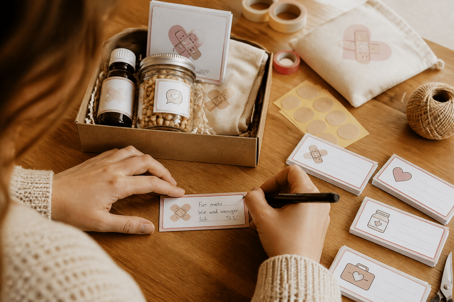 Hände einer Person beschriften sorgfältig kleine Etiketten für ein individuelles Notfallset Ehe, um dem Geschenk eine persönliche Note zu verleihen.