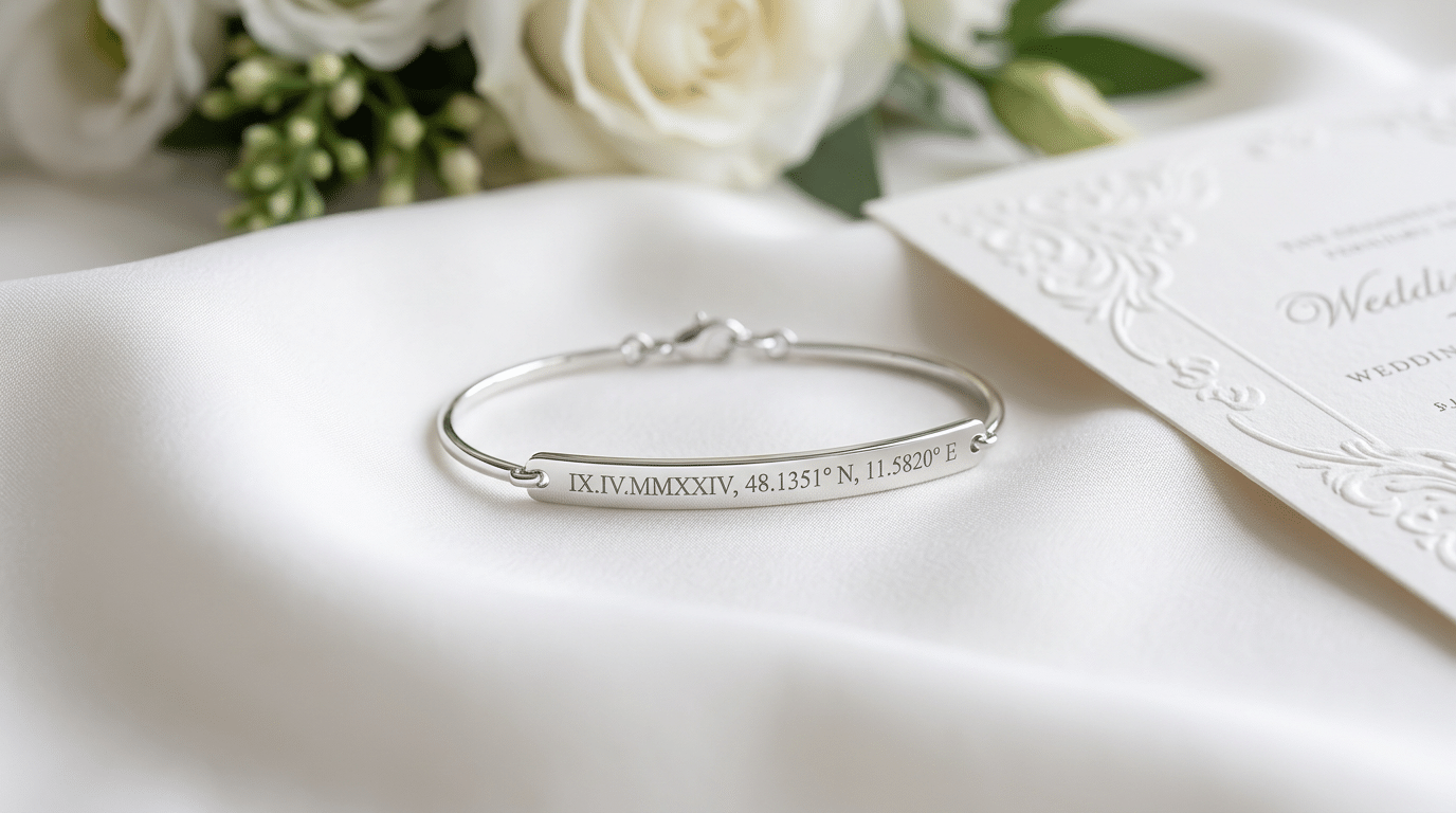 Edle Hochzeitsgeschenke personalisiert: Kein Kitsch, nur Stil 2 personalisierte Hochzeitsgeschenke edel: Ein edles, personalisiertes Hochzeitsgeschenk, ein filigranes Armband mit einer Gravur, liegt auf weißem Seidenstoff.