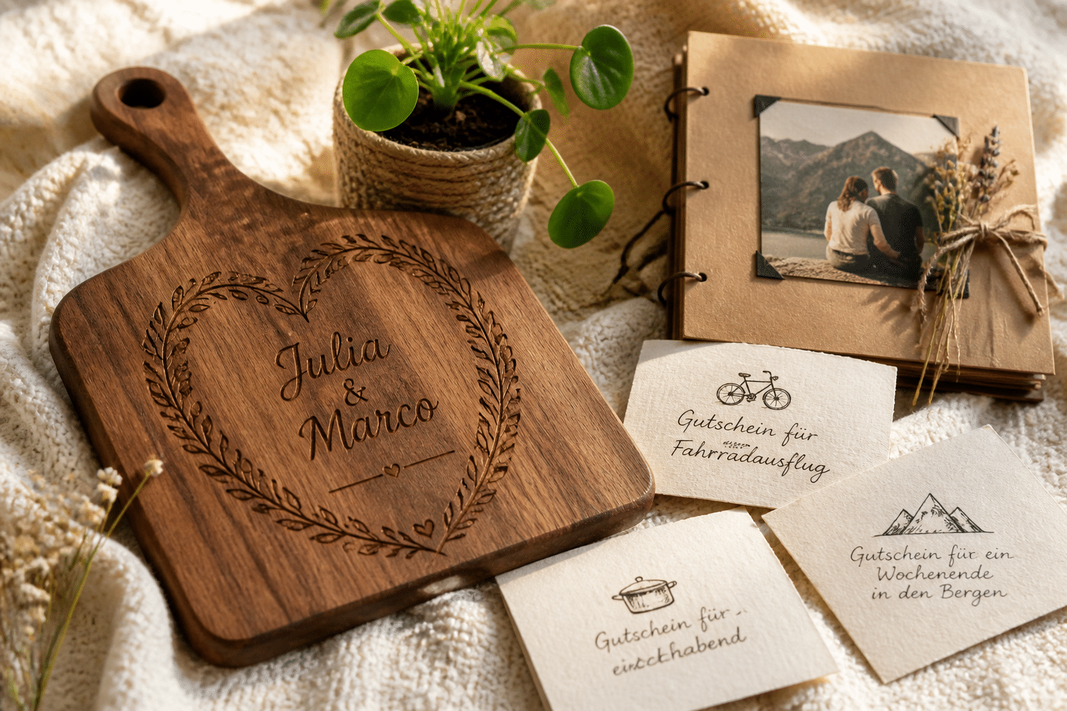 Ein personalisiertes Holzbrett mit Gravur, umgeben von liebevollen und tiefgründigen Hochzeitsgeschenken, die mehr als nur materiellen Wert haben.
