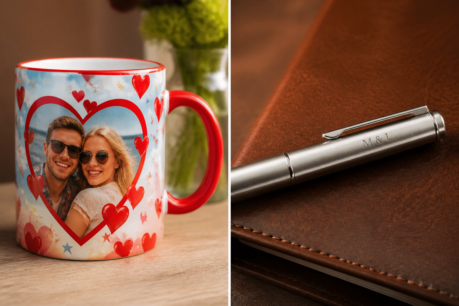 Edle Hochzeitsgeschenke personalisiert: Kein Kitsch, nur Stil 3 personalisierte Hochzeitsgeschenke edel: Vergleichsbild einer kitschig bedruckten Tasse neben einem edel gravierten Metallstift, der den Unterschied in der Personalisierung zeigt.