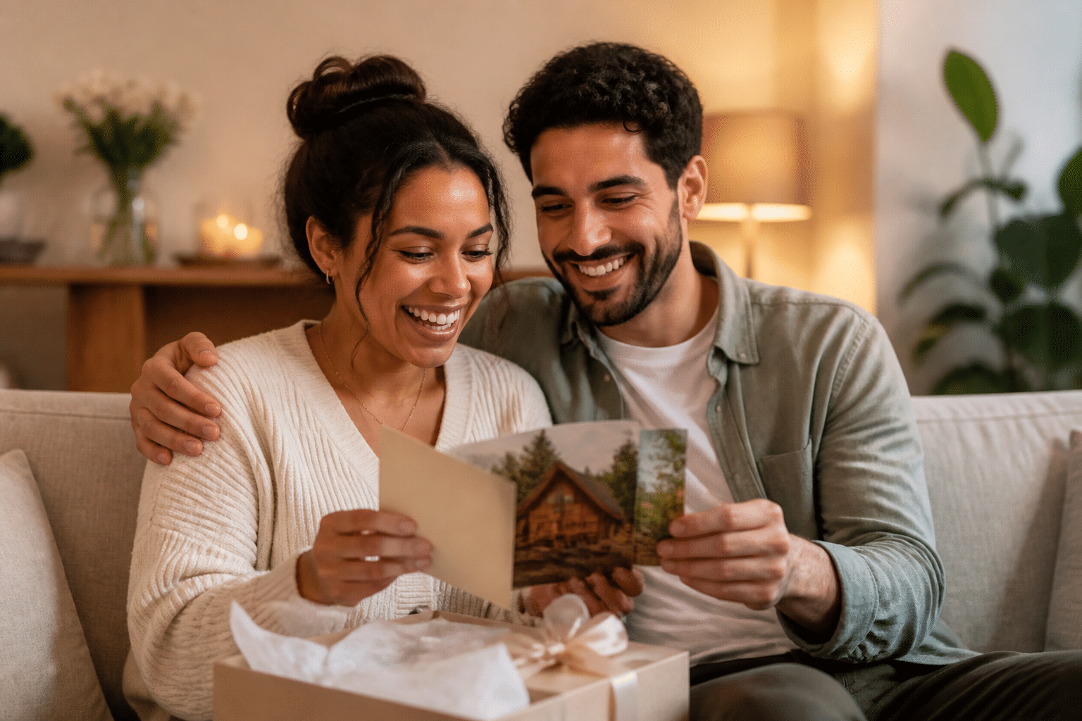 Schlechte Hochzeitsgeschenke: Was Brautpaare hassen 6 Ein glückliches Paar öffnet freudig einen personalisierten Erlebnis-Gutschein als Hochzeitsgeschenk.