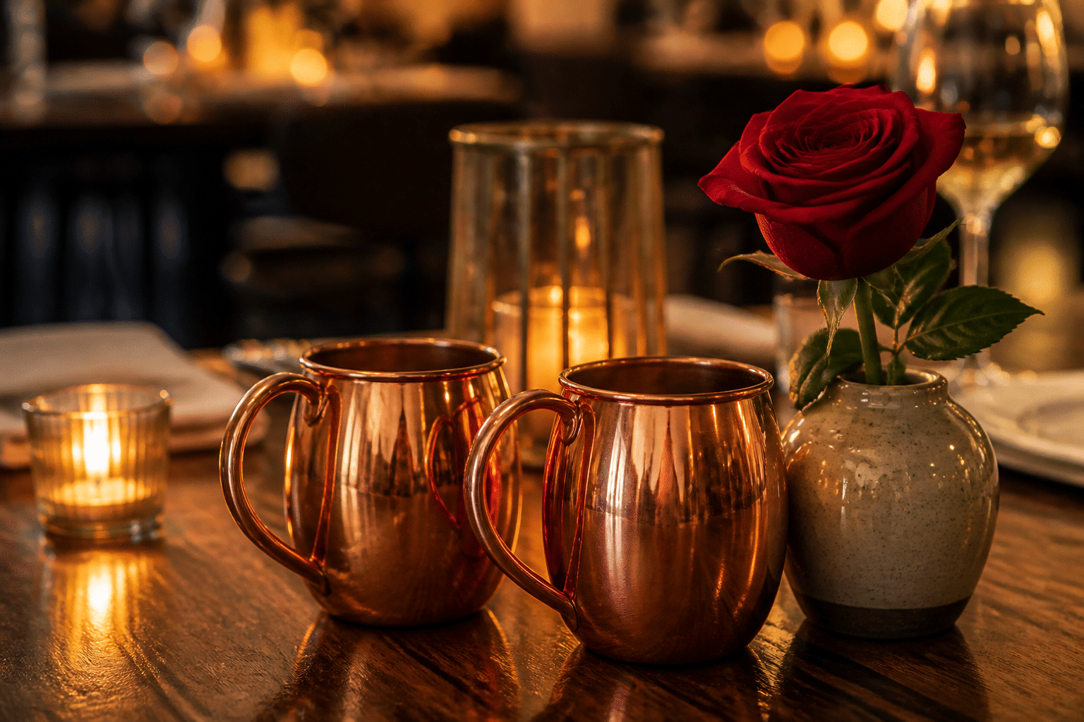 Bedeutung der Hochzeitstage: Kupferbecher und eine rote Rose zur Veranschaulichung der Rosenhochzeit Bedeutung