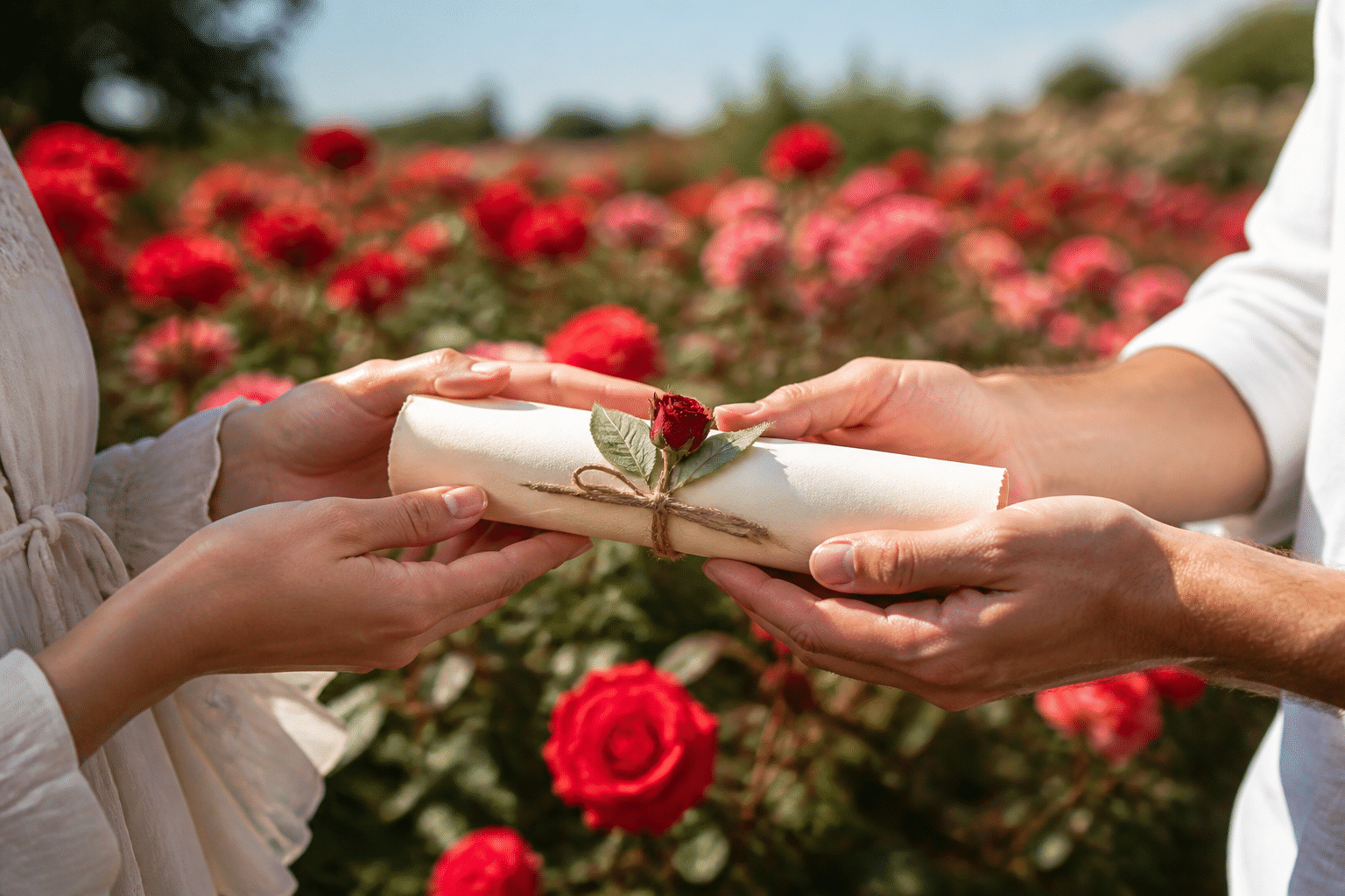 Hände halten eine Urkunde für eine Rosenpatenschaft vor einem blühenden Rosenfeld.