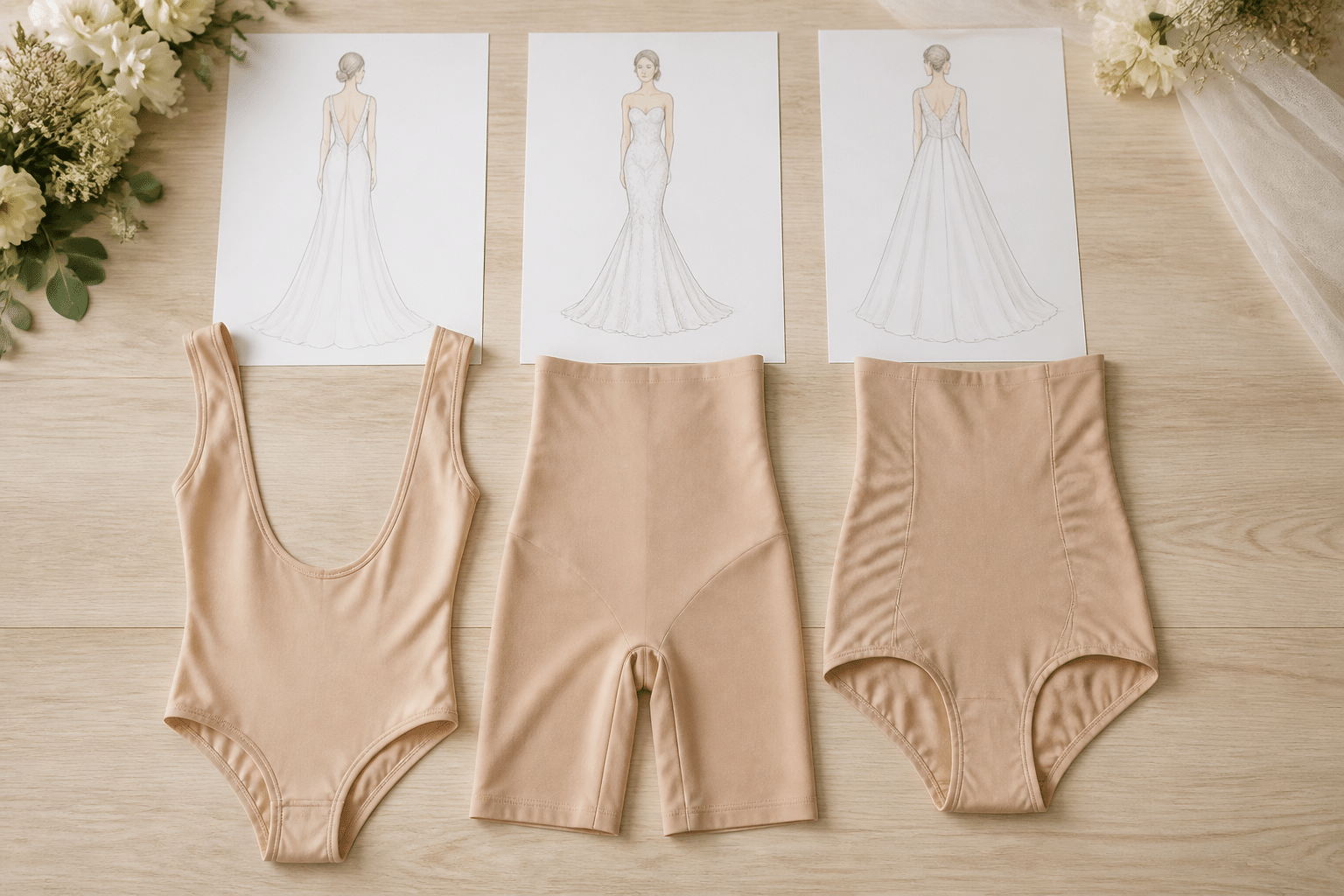 Verschiedene Arten von Shapewear, darunter eine spezielle Option für ein Brautkleid mit rückenfreiem Schnitt, elegant präsentiert neben Skizzen passender Kleider.