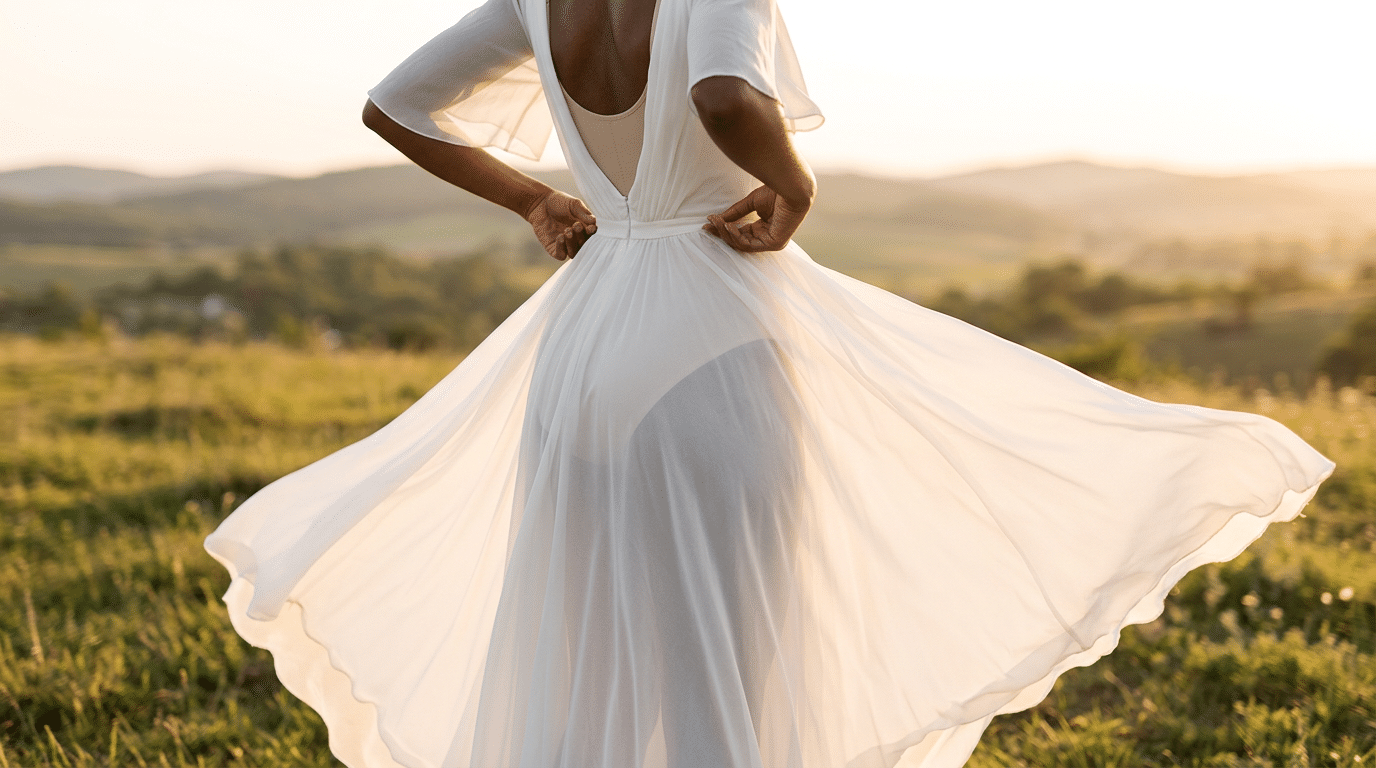 Eine Braut im eleganten, fließenden Hochzeitskleid, unter dem Shapewear die Silhouette formt, am Strand bei Sonnenuntergang. Der Hauptkeyword 'Shapewear unter Hochzeitskleid' ist hierbei natürlich integriert.
