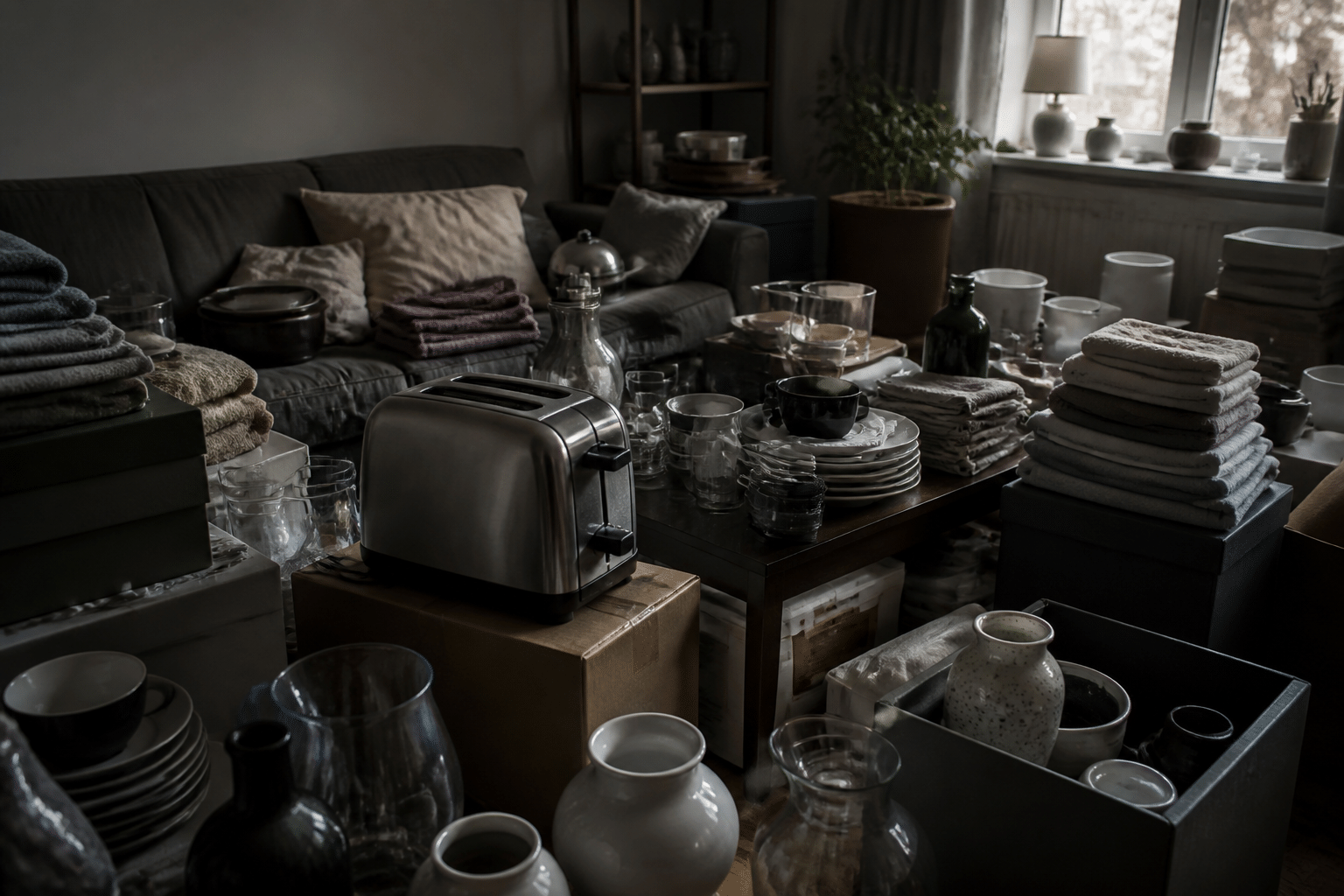 digitale Hochzeitsgeschenke Minimalisten: Ein unaufgeräumtes Zimmer, überladen mit ungenutzten, verstaubten Hochzeitsgeschenken