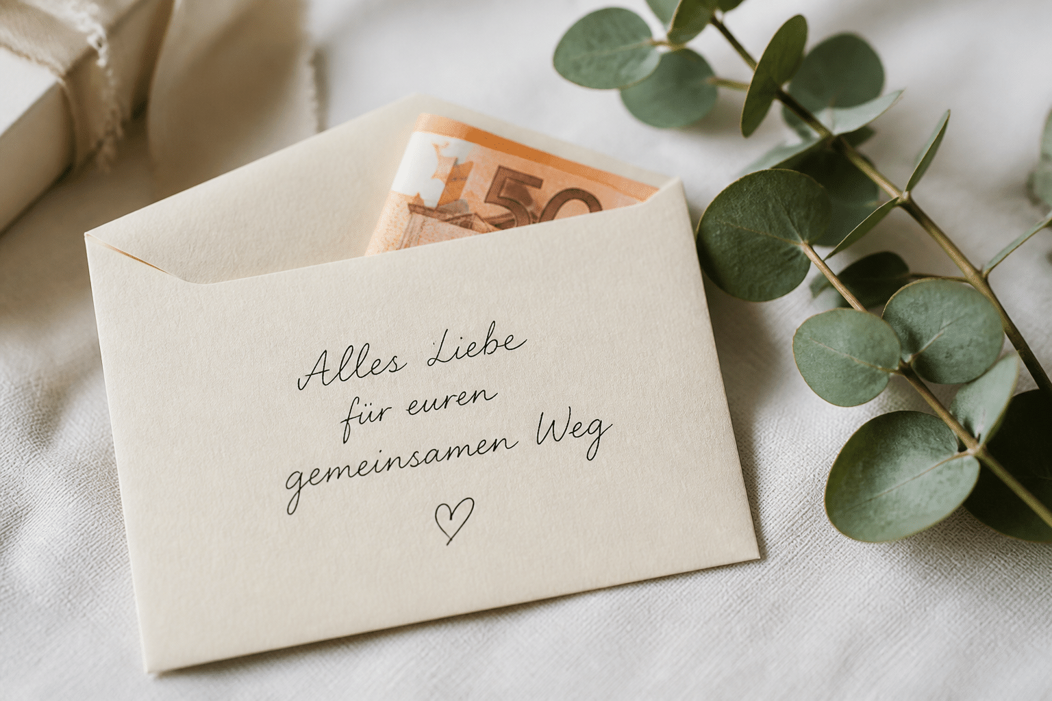 Schlechte Hochzeitsgeschenke: Was Brautpaare hassen 7 schlechte Hochzeitsgeschenke: Ein eleganter Umschlag mit einem Geldschein, kunstvoll präsentiert, als Beispiel für sinnvolle Hochzeitsgeschenke.